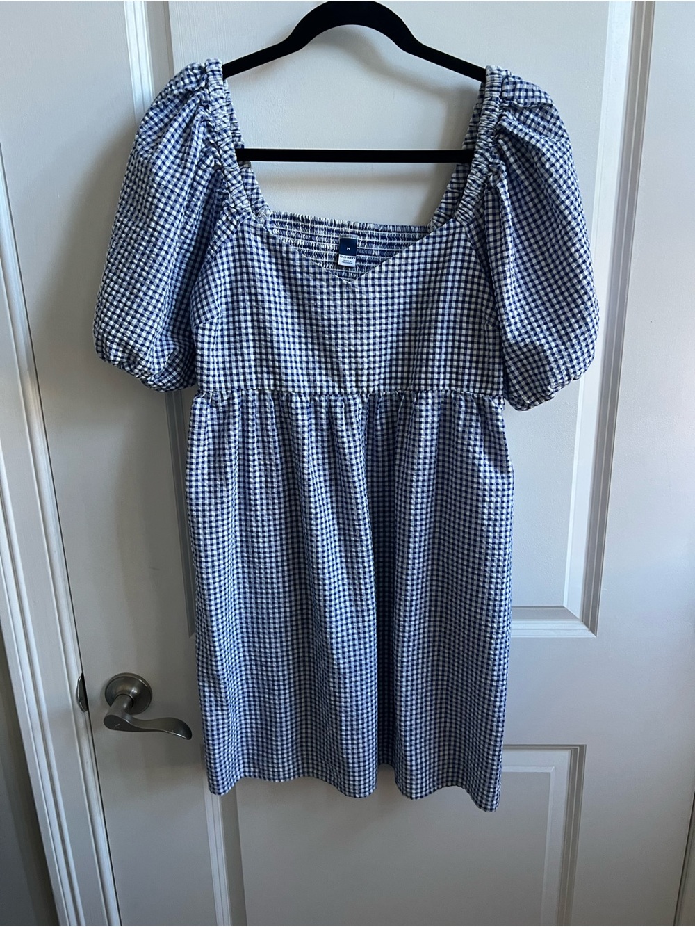 Blue Gingham Puff-Sleeve Women’s Babydoll Dress